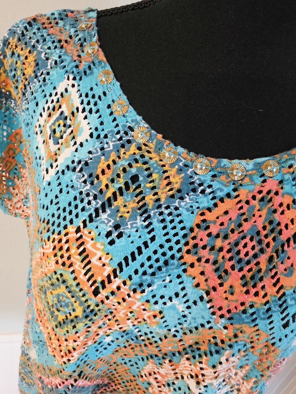 4/$15๐ขโขRuby Rd. Turquoise Multi-Color Short Sleeve Top - Picture 3 of 5